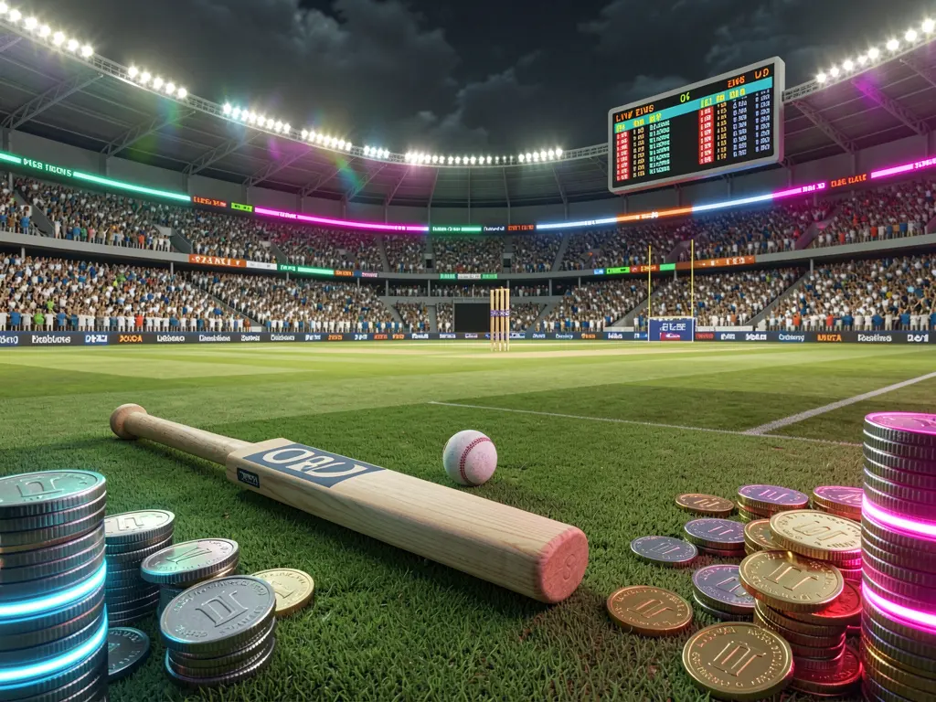 CC GG cricket sportsbook scene with a packed cricket stadium, green field, bat and ball, digital live odds panels, coins, and neon lighting in a cinematic 3D render