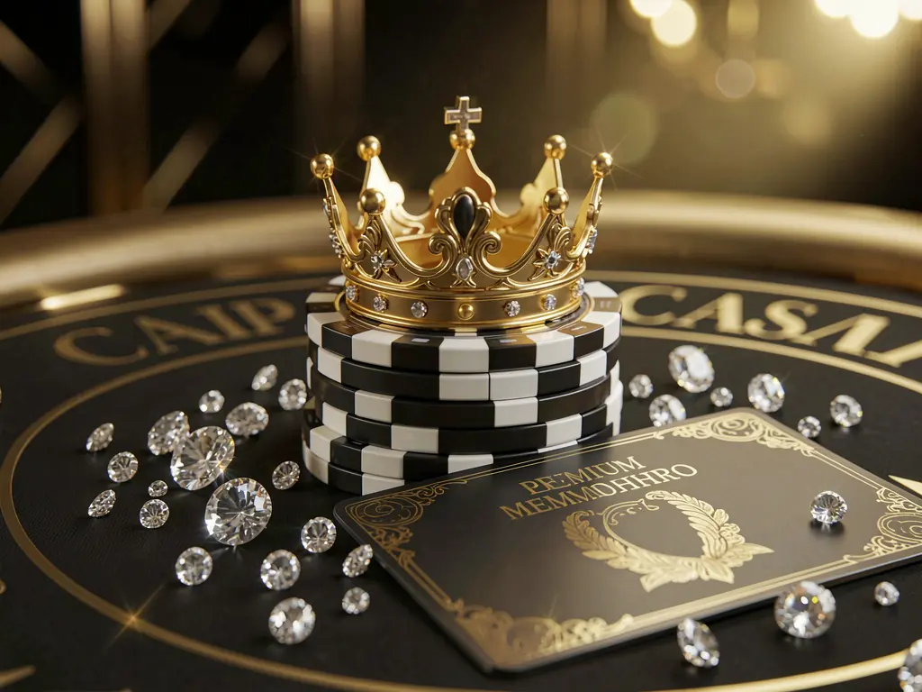 Elegant golden crown atop poker chips with sparkling diamonds and a premium CC GG membership card against a luxury black and gold background, creating an exclusive high-end casino atmosphere