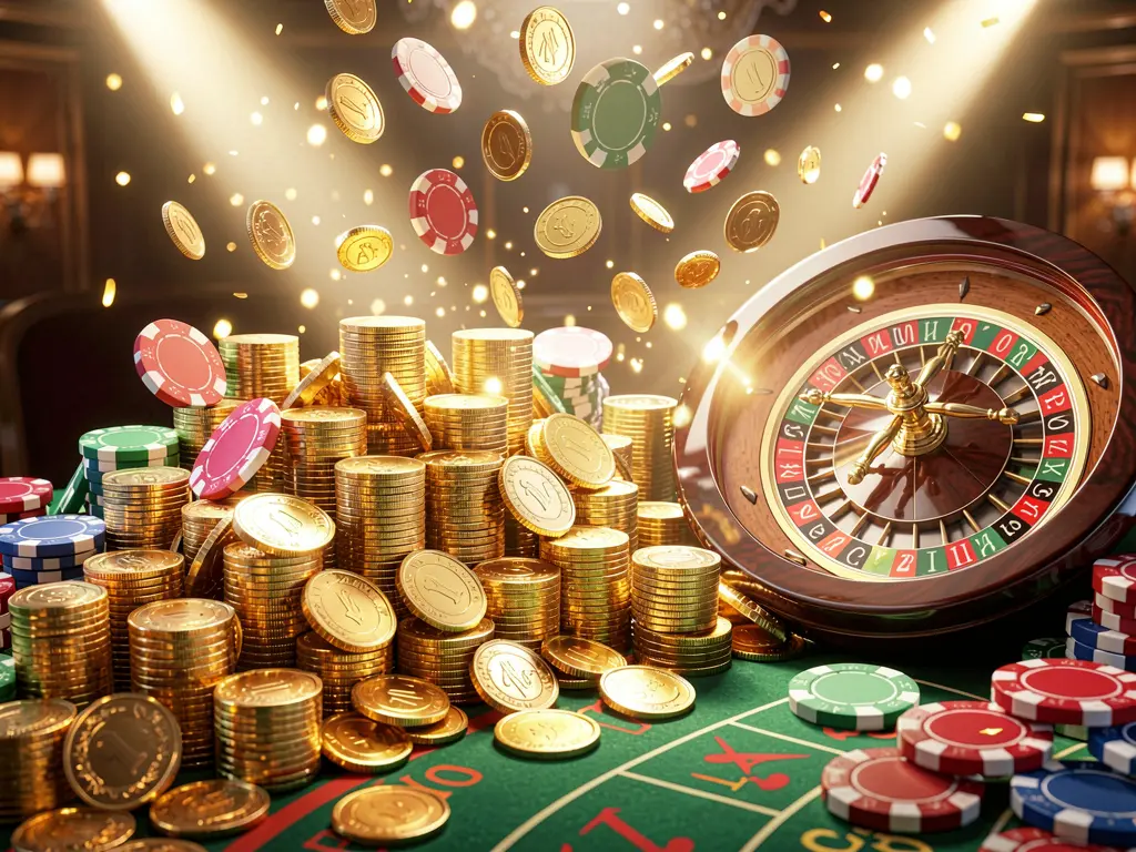 CC GG casino jackpot scene featuring golden coins, poker chips, and a roulette wheel illuminated by bright glowing lights in a luxury celebration atmosphere