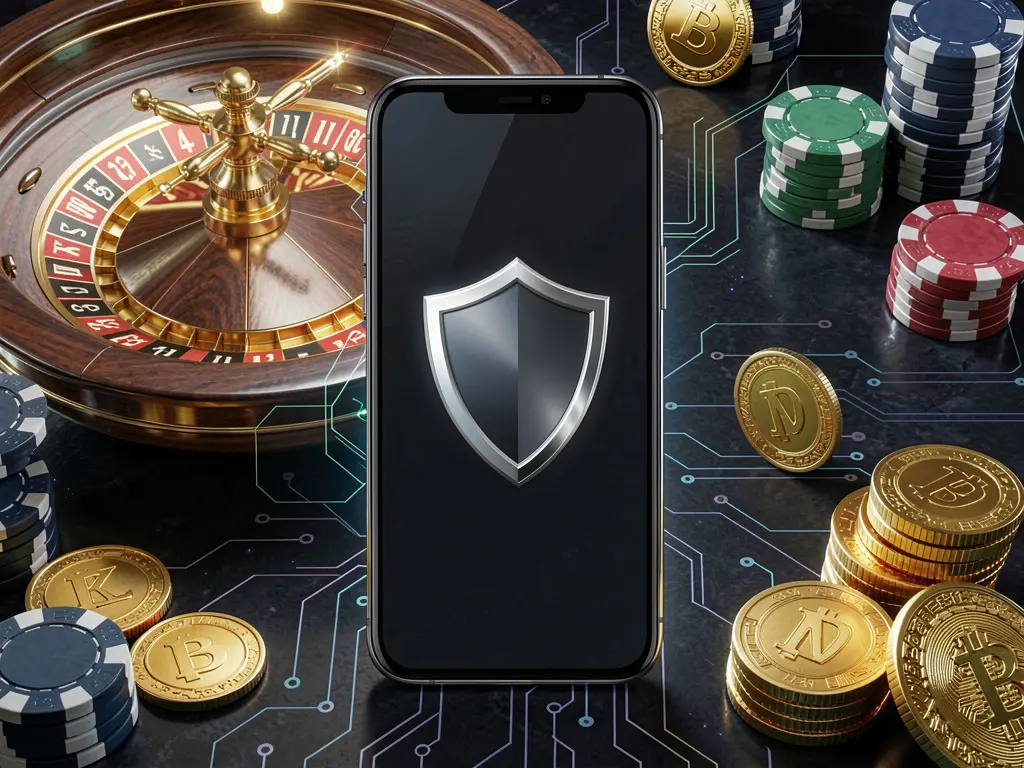 CC GG secure mobile casino login screen showing a phone with a shield icon, roulette wheel, poker chips, and golden coins in a dark cyber luxury atmosphere